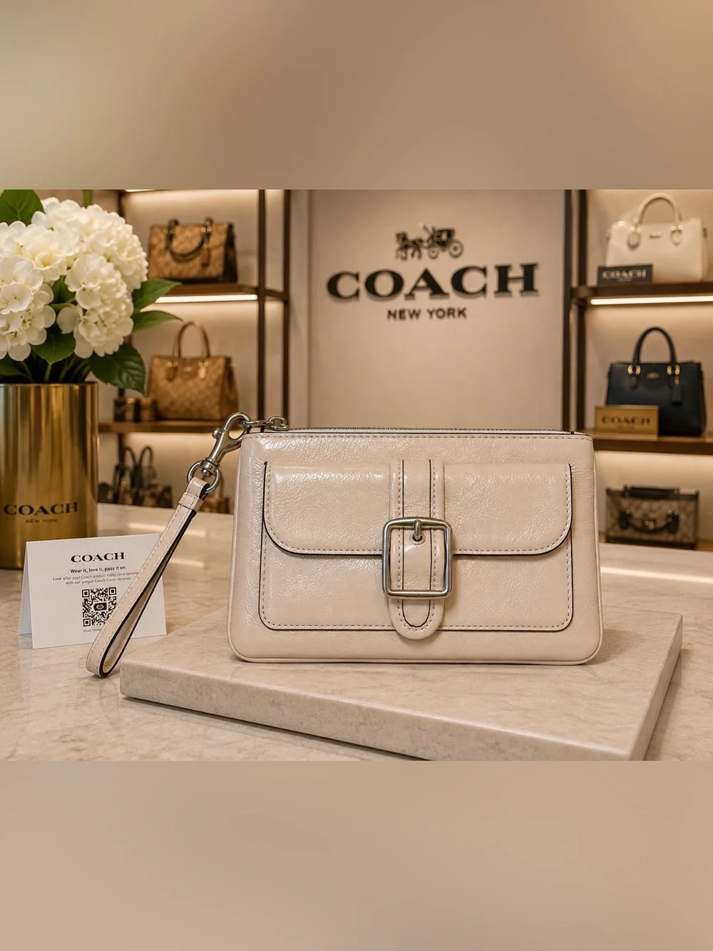 Coach Soho Cream Patent Leather Buckle Front Wristlet Clutch EUC